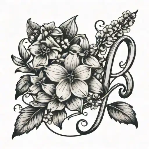 cursive j with connected forget me not flower  tattoo design idea