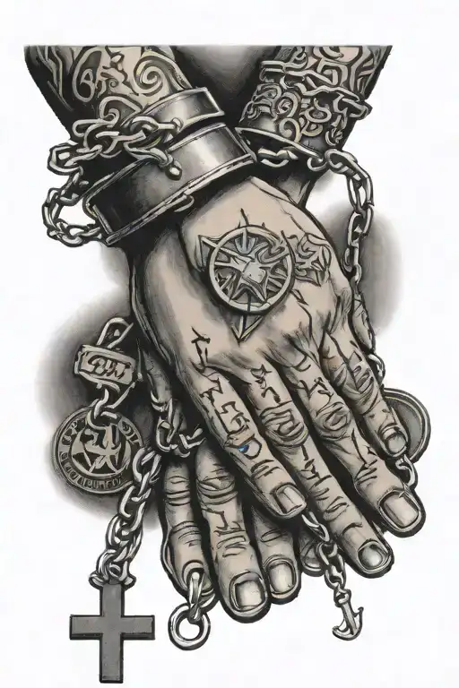 Praying hands holding rosary with 2 dog tags one that says W.I.M and another that says Buddy tattoo design idea
