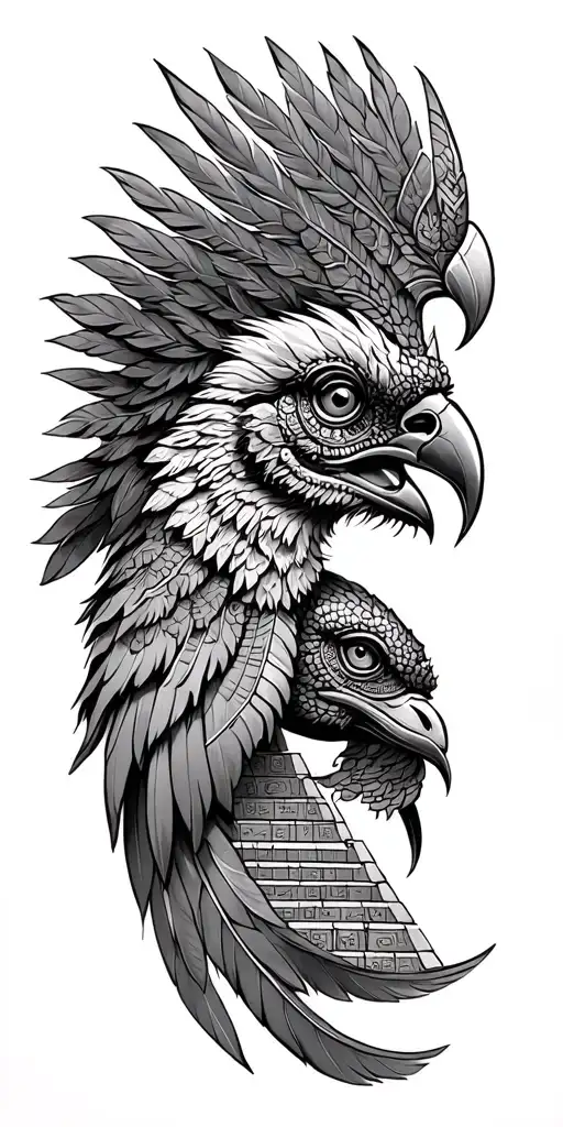 Mayan feathered serpent god, Mayan pyramids, a quetzal bird, Mayan calendar. Make it a full sleeve tattoo, make it gothi tattoo design idea