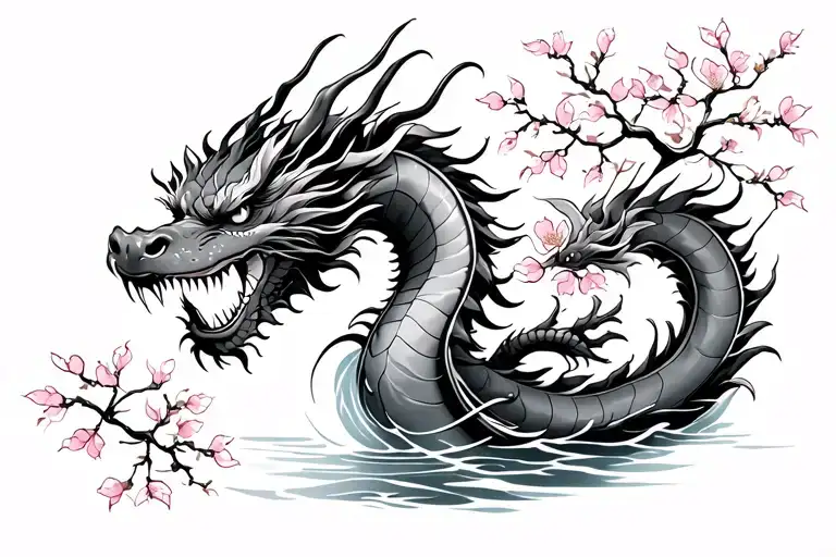 Japanese dragon, water, cherry blossoms, tattoo design idea