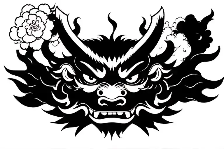 japanese chest and half sleeve with oni mask in middle of the chest tattoo design idea