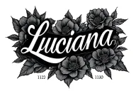 just the name Luciana written in cursive with small roman numerals on the bottom tattoo design idea