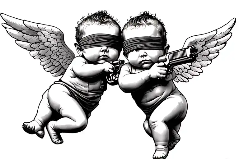 2 baby angel shooting a gun with a blind fold on tattoo design idea