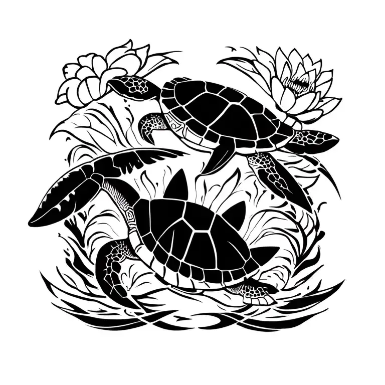 turtle, sting ray, shark, lotus flower tattoo design idea