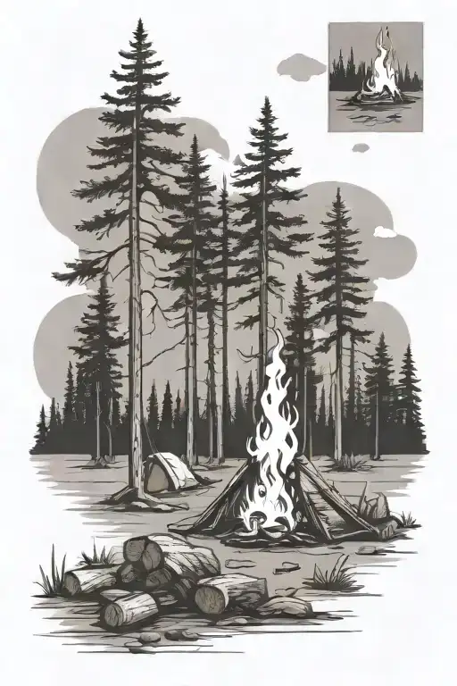 boreal forest w a camp fire and a  tattoo design idea