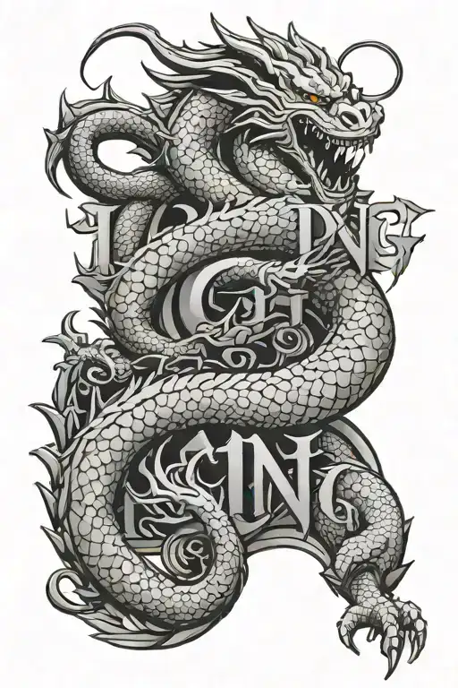 the name Ching in upper case letters going down with dragon going trough evey letter using Distropiax font tattoo design idea