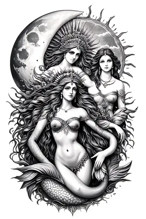 moon, sun, cleopatra, venus and siren mermaid tattoo design idea