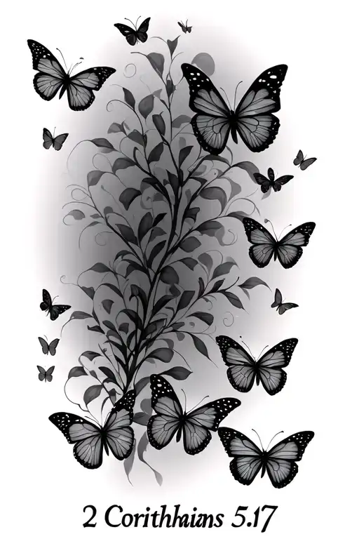 "2 Corinthians 5:17" trail of butterflies fluttering tattoo design idea