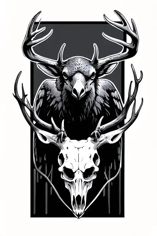 deer skull and raven perched tattoo design idea
