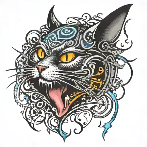rockabilly cat eyes styx witchcraft metal music tattoo design idea