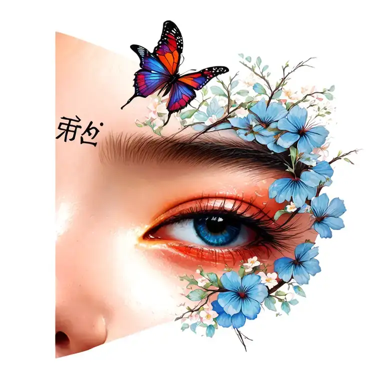 half face, eyes, butterflies, Japanese words beauty and love tattoo design idea