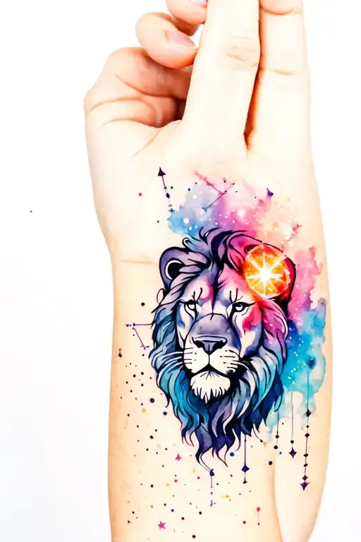 Tattoo on the arm of a lion's head in a galaxy with the constellations Taurus, Virgo and Capricorn tattoo design idea
