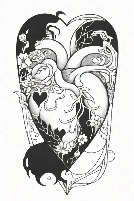 fine line black heart tattoo design idea