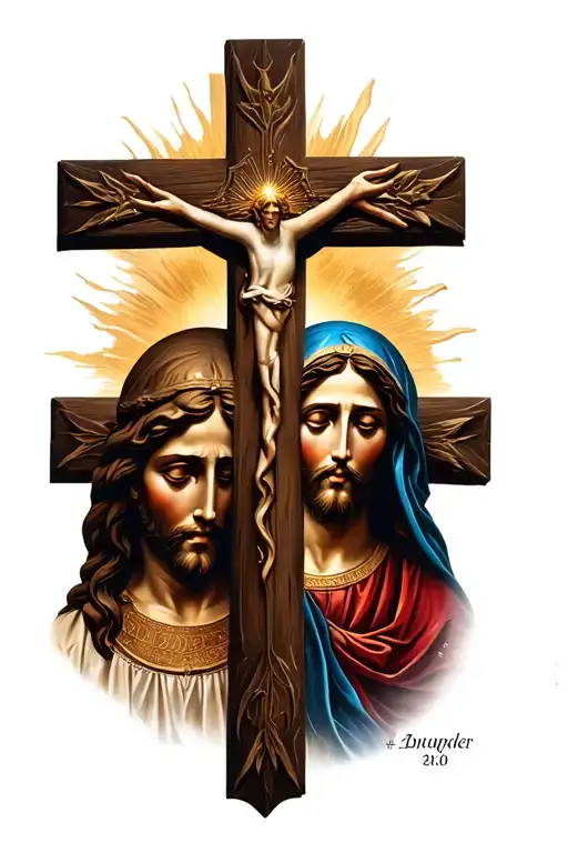 3 crosses, Jesus face, Virgin Mary face, and saint Jude  tattoo design idea