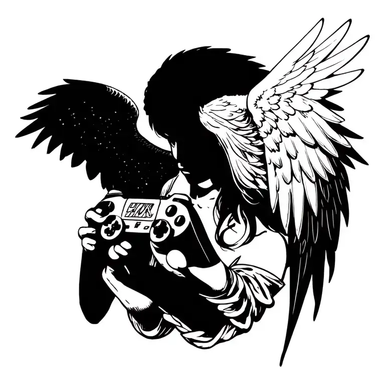 1994, English, gamer, fallen angel tattoo design idea