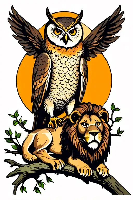 owl perched on a branch with a lion laying looking tattoo design idea