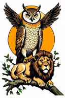owl perched on a branch with a lion laying looking tattoo design idea