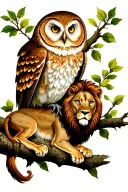owl perched on a branch with a lion laying looking tattoo design idea