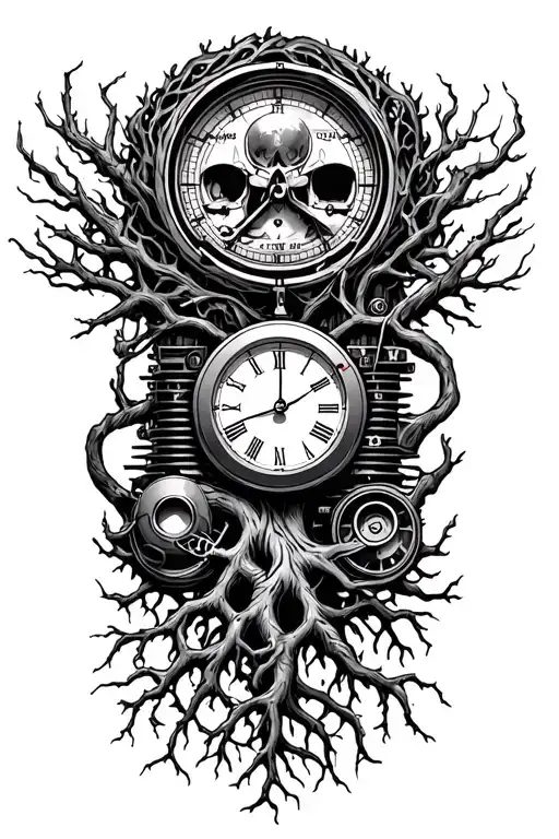 harley engine, midevil tree of life with roots , clock and libra scale intertwined  tattoo design idea