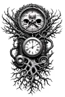 harley engine, midevil tree of life with roots , clock and libra scale intertwined  tattoo design idea