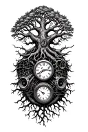 harley engine, midevil tree of life with roots , clock and libra scale intertwined  tattoo design idea
