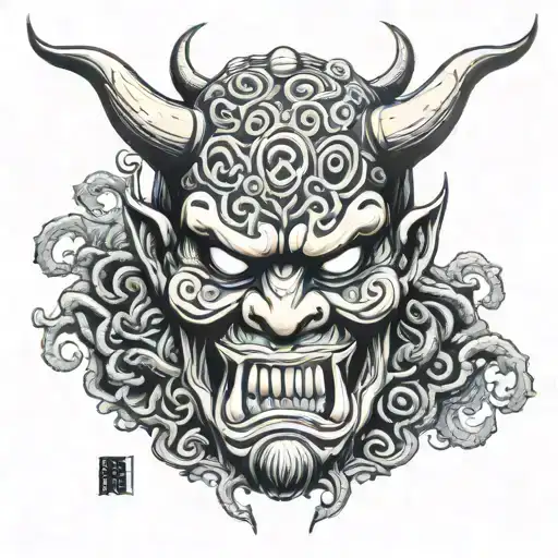 Hp Lovecraft inspired Japanese oni demon mask with tentacles and horns and fangs tattoo design idea
