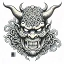 Hp Lovecraft inspired Japanese oni demon mask with tentacles and horns and fangs tattoo design idea