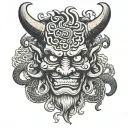 Hp Lovecraft inspired Japanese oni demon mask with tentacles and horns and fangs tattoo design idea
