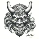 Hp Lovecraft inspired Japanese oni demon mask with tentacles and horns and fangs tattoo design idea