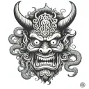 Hp Lovecraft inspired Japanese oni demon mask with tentacles and horns and fangs tattoo design idea