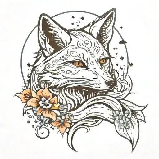 white  fox with moon stars and oceans waves tattoo design idea
