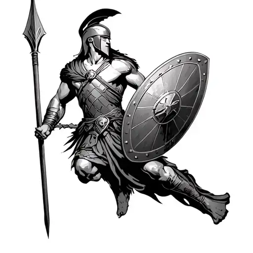 spartan worrier without helmet and holding shield and spear and flying spartan kick and alone conquring the world tattoo design idea