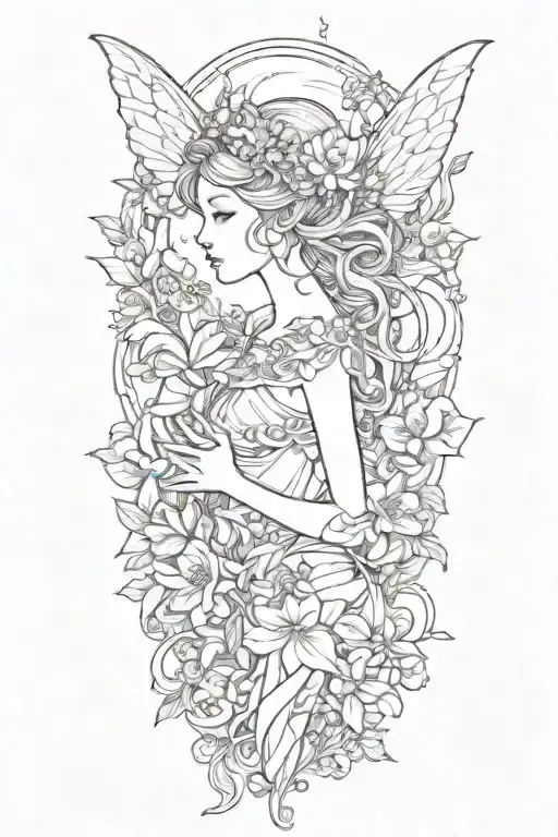 Fairy with flowers tattoo design idea