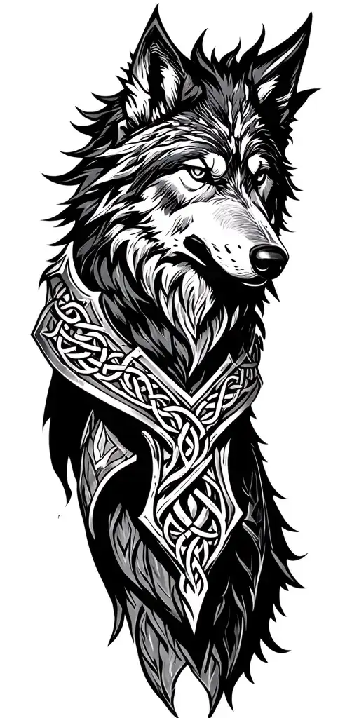 Celtic wolf surrounded by armor  tattoo design idea