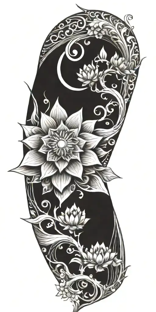 Blend Buddhist mandala, fine-line wood grain, anime elements, and subtle gaming symbols into a cohesive, flowing design tattoo design idea