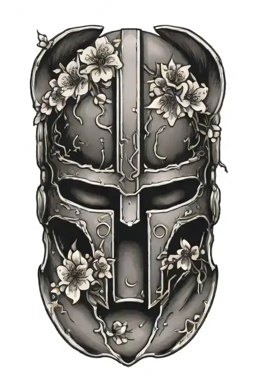 Just spartan helmet with Kaizen symbol and cherry blossom behind it  tattoo design idea