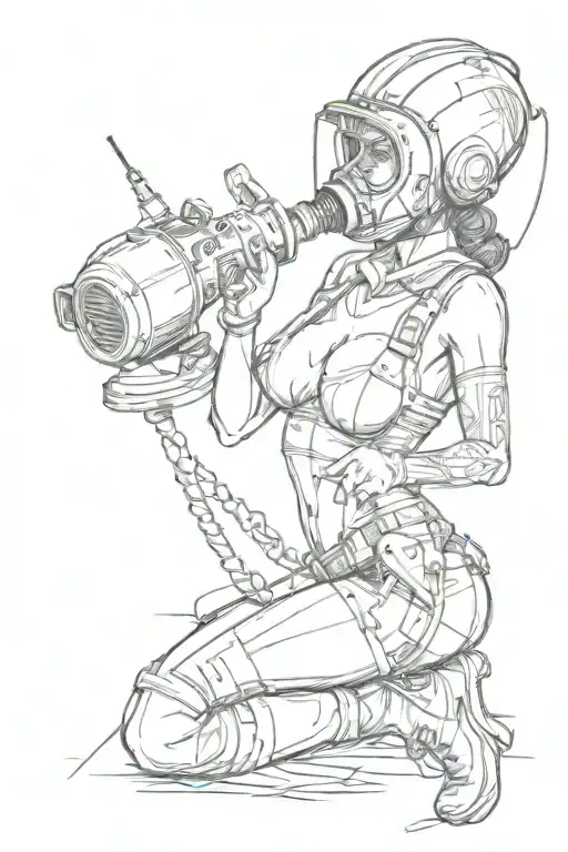 sexy pin up donning welding mask and lingerie, big, round ass,  over on her knees using torch, she's very fit.   tattoo design idea