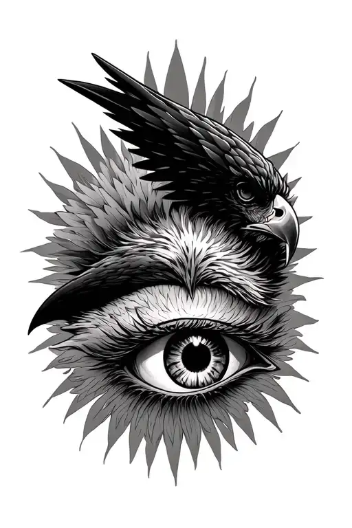 "VISION" hawk and human eye in sun tattoo design idea