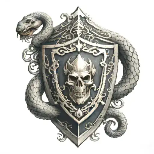 medieival shield with protection symbol and a snake coiled around the bottom of the shield and head poking out from top tattoo design idea