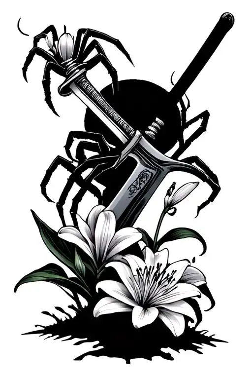 a japanes katana stabbed in the dirt as a spider lily orchidee kirschblüte around the katana tattoo design idea