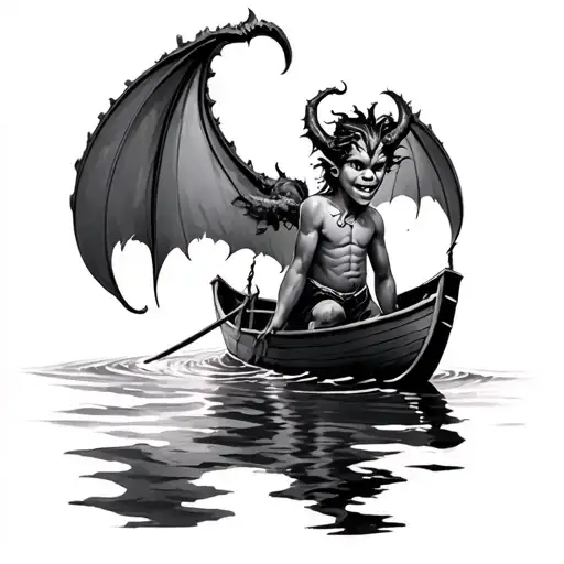 child in boat demon swimming tattoo design idea