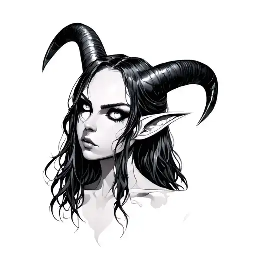 Black and white tattoo of beautiful version of slaanesh long hair horns and white eyes tattoo design idea