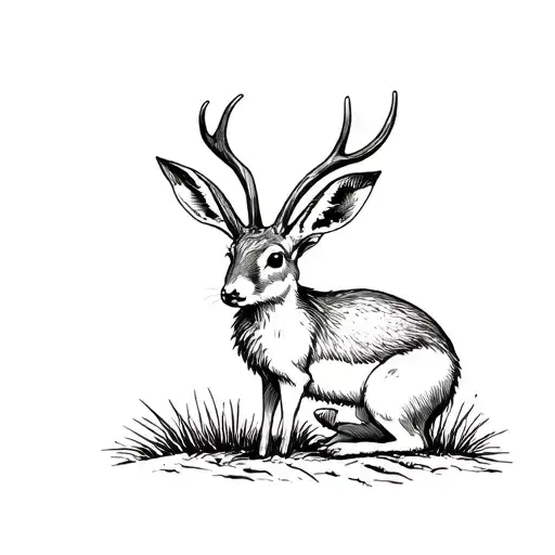 Woodcut Vintage and Surrealist style Jackalope full body looking curious  tattoo design idea
