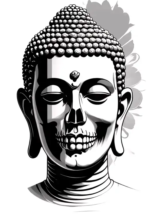 Buddha face morphing half skeleton tattoo design idea