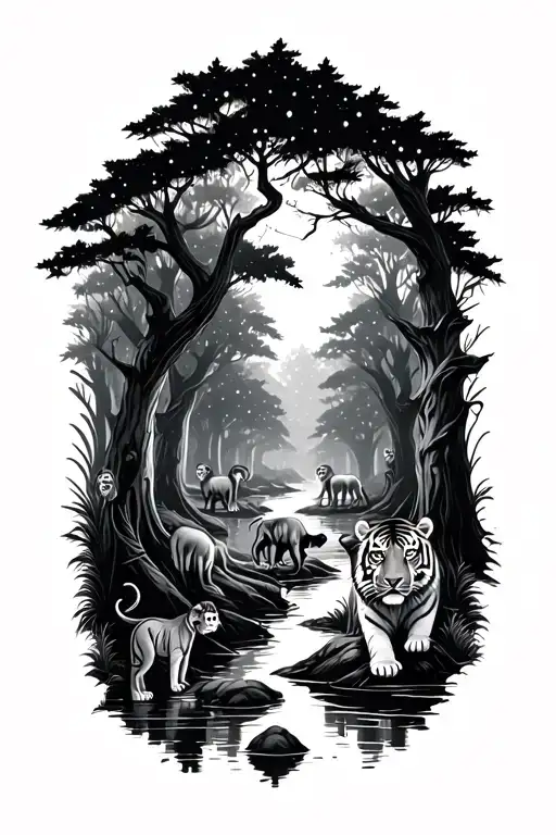 dark forest lots of trees animals stars tigers monkeys with a small river more animals tattoo design idea