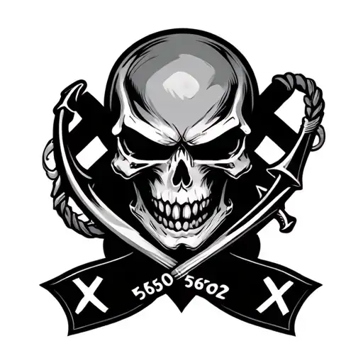 angry skull with anchor behind it and X on each side and 56602 on the anchor stem tattoo design idea