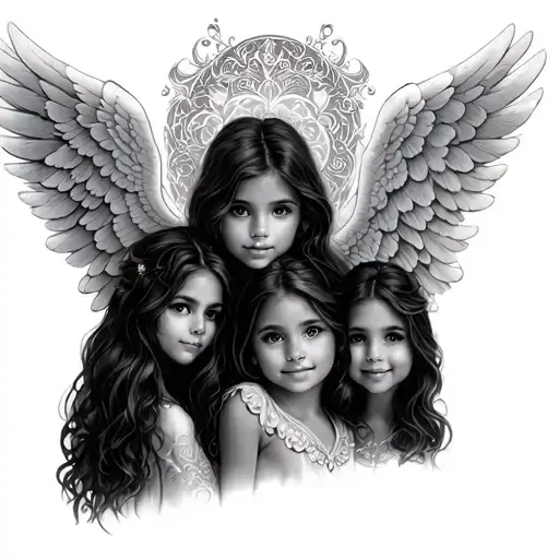 In memory of my daughter Kaylee with wings protecting over her older sisters Cassandra and Ashley tattoo design idea