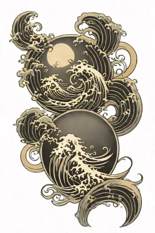 japanese waves with moon phase tattoo design idea