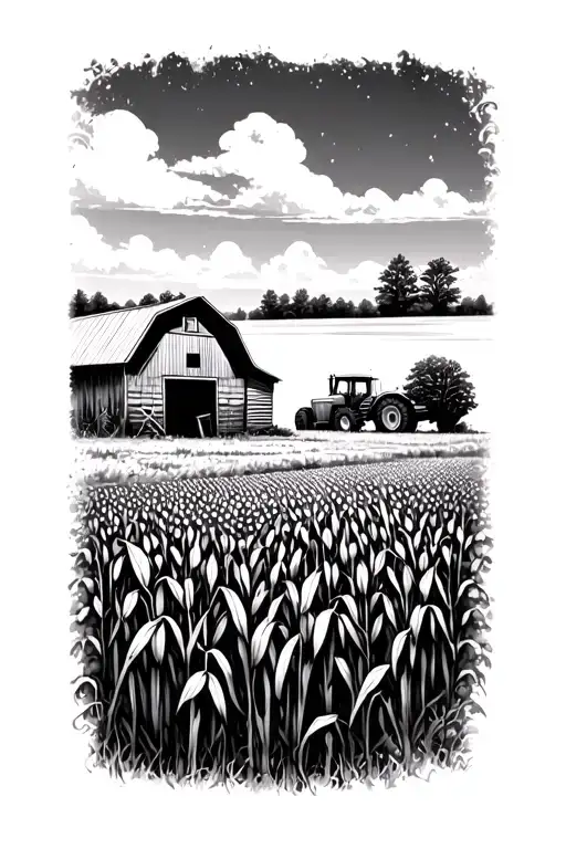 corn field with an old barn and tractor with a meadow in the background tattoo design idea