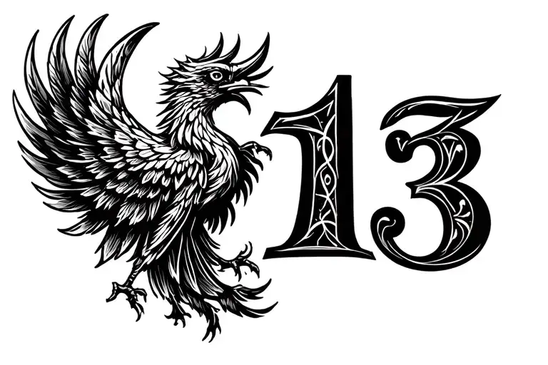 number 13, 1 in gothic font and simple phoenix in the shape of 3, both number should be proportional, 9-8cm tattoo, beau tattoo design idea